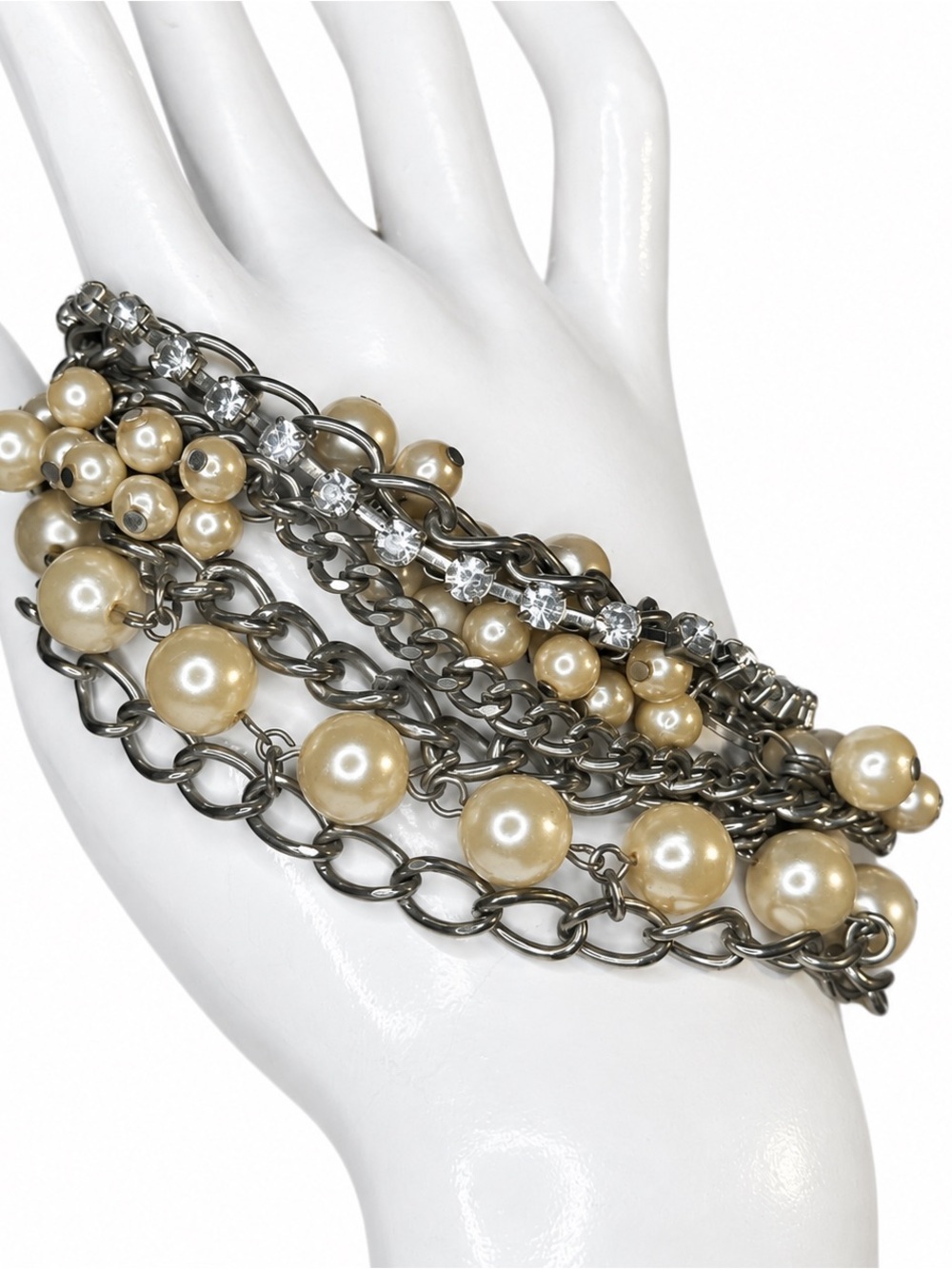 Vintage Multi-Strand Faux Pearl Rhinestone Silver-Tone Statement Bracelet